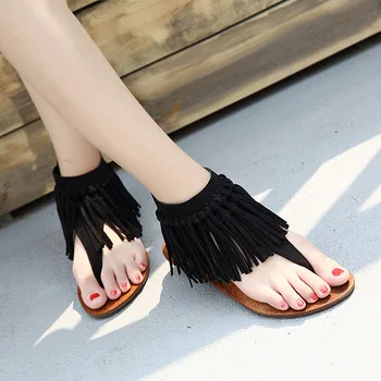 Ретро-вьетнамки, Модные уличные женские босоножки, Летняя Римская обувь на плоской подошве с кисточками, Черно-коричневая повседневная женская обувь, Сандалии