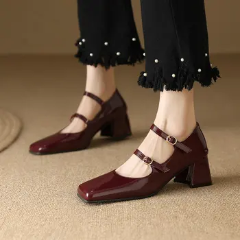 Размер 33-48, Бордово-серебристая женская роскошная обувь с двойным ремешком и пряжкой, с закрытым носком на массивном каблуке, женские туфли-лодочки Mary Janes в стиле ретро