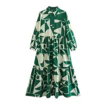 Летнее платье-блузка с отворотом и длинным рукавом зеленого цвета с принтом для женщин