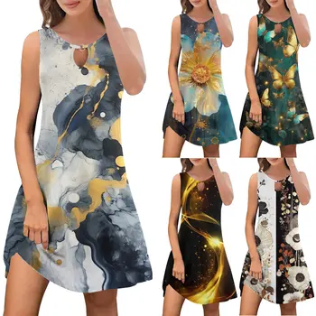 Удобные Летние платья для женщин, модные сарафаны без рукавов с круглым вырезом и цветочным принтом в стиле бохо, Стрейчевое платье