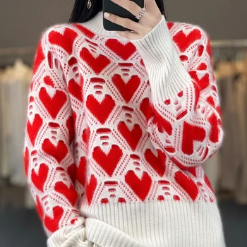 Кашемировый свитер Red Love из жаккарда с круглым вырезом, Осенне-зимнее женское новое нижнее пальто из толстой шерсти