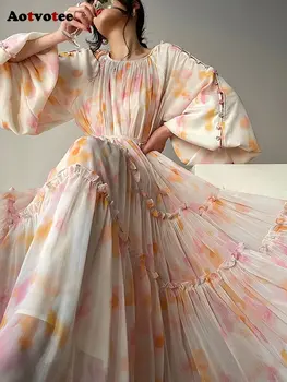 Элегантное платье Y2k с круглым вырезом и рукавом-фонариком во французском стиле, макси-платья для женщин 2023, новая мода, весенний принт, сладкий вкус