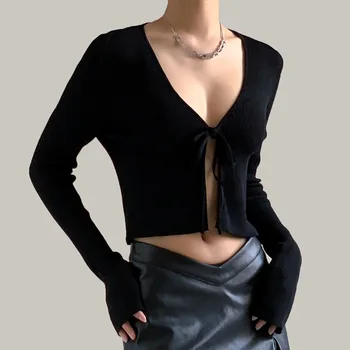 Женский укороченный Вязаный свитер-кардиган Y2k 2023, черная Вязаная одежда в рубчик, Корейский Модный свитер-кардиган для женщин