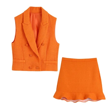 Женский костюм с двубортным воротником, Оранжевая текстура, Маленький ароматный жилет, Женский жилет + юбка с запахом от бедер, модный комплект
