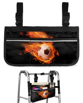 Flame Football Черная футбольная сумка для инвалидной коляски с карманами, подлокотники, боковые сумки, Прогулочная рама для электрического скутера, сумка для хранения