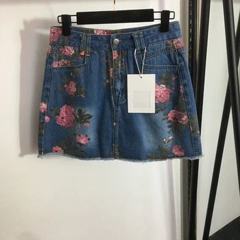 Женские мини-джинсовые юбки с цветочным принтом, юбка с высокой талией и рваным подолом