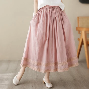 Лето 2023, Японский стиль, Mori Girl, Однотонная Свободная хлопковая льняная юбка для женщин