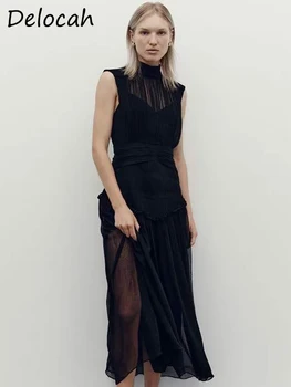 Delocah Высококачественное Летнее Женское модное черное платье для подиума с завышенной талией и драпировкой, с оборками, без рукавов, длинные платья на бретелях