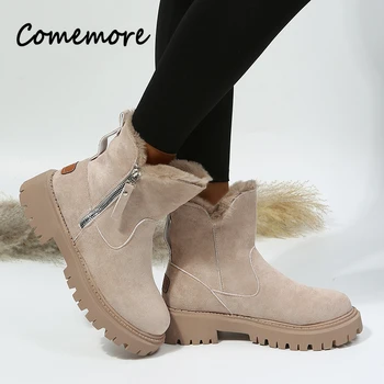 Модные женские зимние ботинки из искусственной замши, женская теплая хлопковая обувь, нескользящие ботильоны на платформе, черные зимние ботинки 2023 года выпуска из толстого плюша