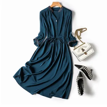 Limiguyue Элегантное Длинное платье трапециевидной формы с завязками на талии, женское Мягкое платье с воротником-стойкой, Винтажная вышивка, Французское женское платье, Синее U753