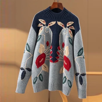 Вязаный Свободный свитер с вышивкой с полувысоким воротником Осень Зима Новый Утолщенный Теплый Женский Повседневный пуловер Свитер Топ