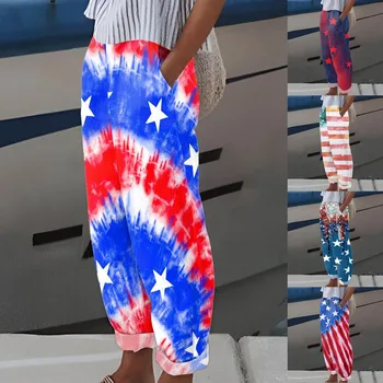 Женские повседневные брюки с принтом американского флага на День независимости, мешковатые брюки с эластичной резинкой на талии, Широкие брюки с карманом, женские брюки