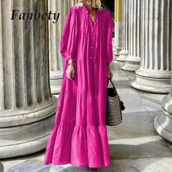 Шикарное женское длинное платье для поездок на работу с длинным рукавом-фонариком, платья в складку, весна-осень, однобортное свободное платье-рубашка с V-образным вырезом