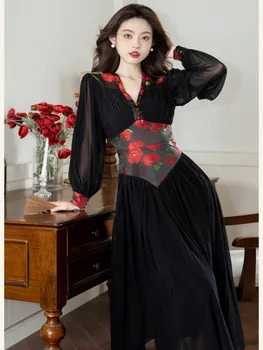 Винтажное сетчатое платье с принтом розы для женщин, осень 2023, новая мода, V-образный вырез, длинный рукав, черное элегантное шикарное вечернее платье Миди