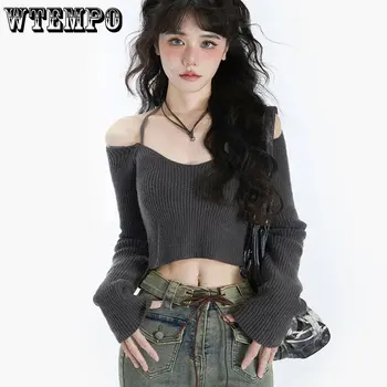 Серый пуловер WTEMPO, женские Сексуальные облегающие укороченные топы, новинка корейской моды для девочек, однотонные осенние Ретро-свитера с короткими рукавами